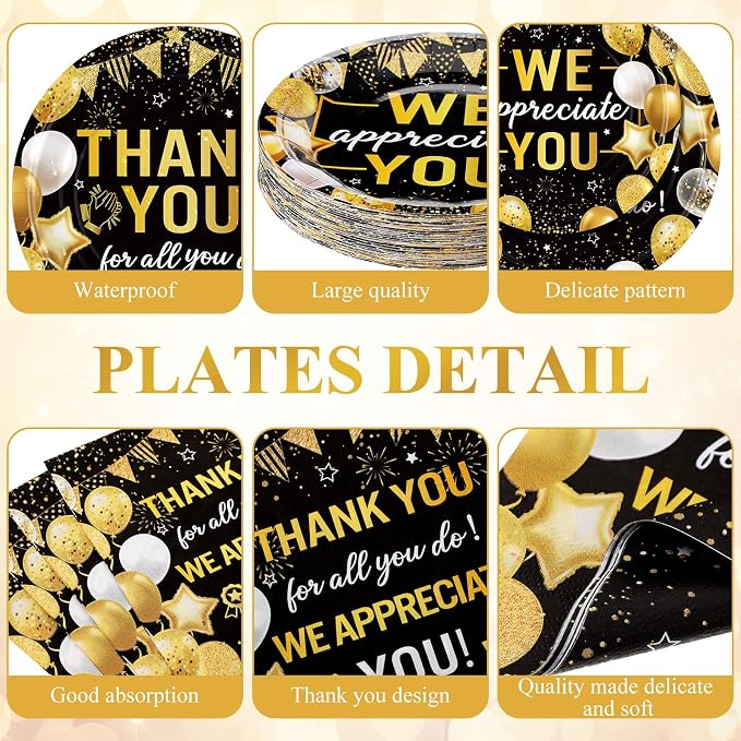 Funnymoom 452 Pcs Black Gold We Appreciate You Decoration for 50, Thank You Paper Plates Napkins Cups Tablecloth Set for Administrative Professional Day Employee Teacher Volunteer Appreciation Supply