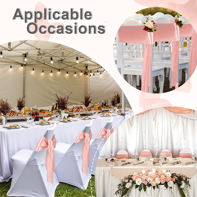 Lounsweer 50 Pcs Folding Chair Cover Set with 25 Stretch Spandex Slipcovers 25 Satin Chair Sashes Bows Ribbon Washable Banquet Protector for Wedding Event Party(White, Rose Gold)