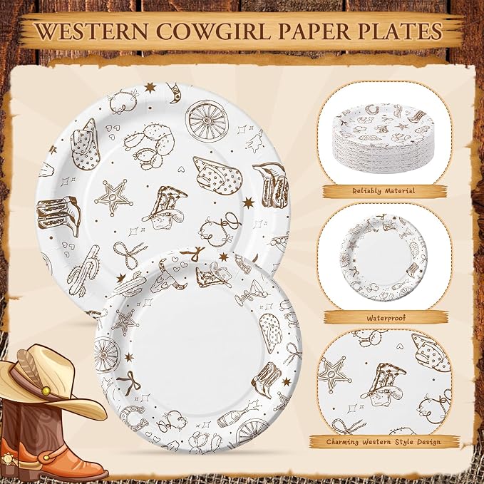 Honeydak 210 Pcs Western Cowboy Party Supplies for 30 Guests Single Western Cowgirl Birthday Plates Napkins Cup and Forks Tableware for First Rodeo Birthday Decorations