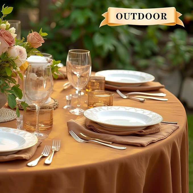 sancua Round Tablecloth 90 Inch Light Borwn- Water Resistant Spill Proof Washable Polyester Fall Table Cloth Decorative Fabric Table Cover for Dining Tables, Thanksgiving Parties and Camping, Bronze