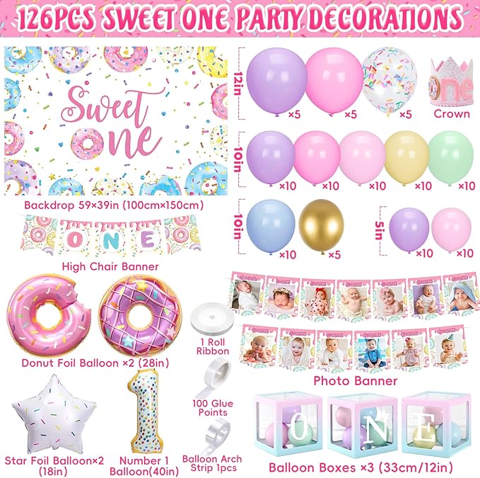 SNLN Sweet One Birthday Party Decorations, First Birthday Decorations for Girl, Balloon Box Photo Banner Donut Foil Balloon Arch Backdrop Highchair Banner Crown, One Year Old 1st Party Supplies