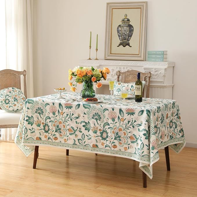 patdrea Vintage French Linen Tablecloth,Rectangular,94"x63"-Tree Life | Elegant Colorful Large Table Cloth for Rectangle Table,Green Floral Patterned,for Dining Room Tea Party Thanksgiving