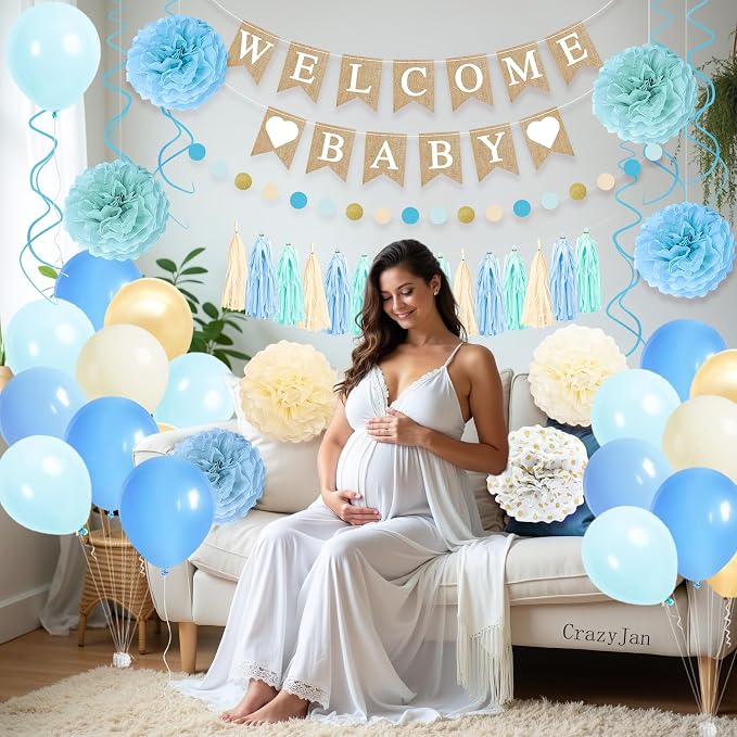 Blue Baby Shower Decorations for Boy with Welcome Baby Banner, Blue Champagne Balloons, Tassel Garlands, Swirls, and Paper Pom Poms for Boho Baby Shower or Gender Reveal Party Supplies
