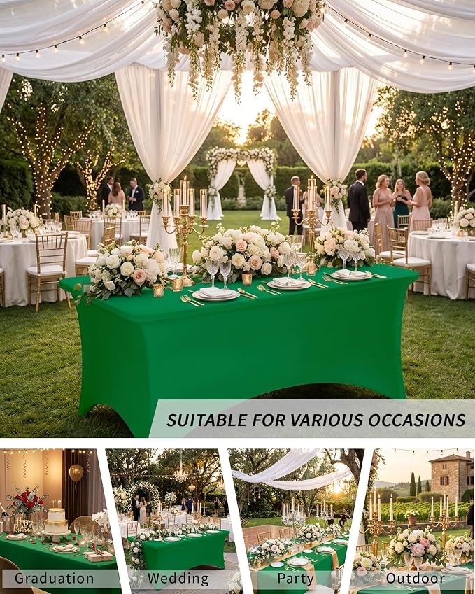 Fixwal 6 Pack 6Ft Green Table Cover, Spandex Fitted Tablecloths Rectangle, Wrinkle-Free and Stretch Folding Table Cloth for Banquet, Wedding, Party, Trade Show