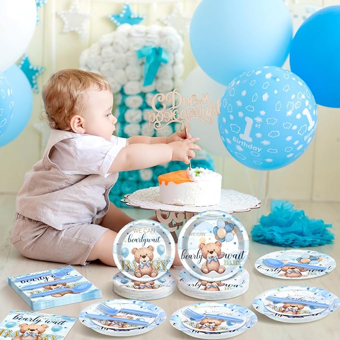Havawish 250 Pcs Blue Bear Baby Shower Plates and Napkins Decoration We Can Bearly Wait Party Supplies Tableware Set Severs 50 Disposable Plates for Baby Boy Gender Reveal Party Supplies