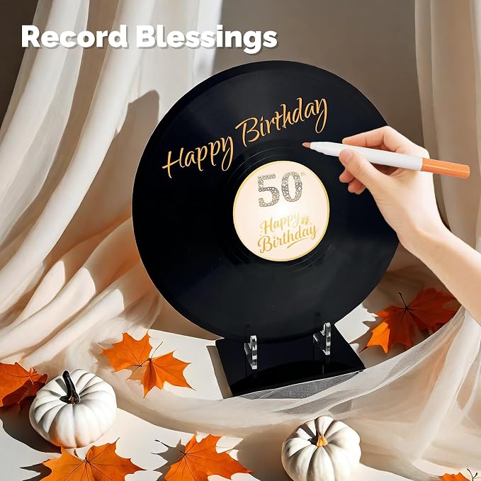 ReeGii Vinyl Record Guest Book for Birthday Decorations - Large 11.6"x11.6" Birthday Party Sign Poster with 12 Pens,Unique Keepsake Gift for Friends and Family