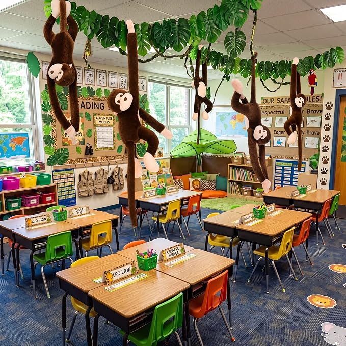 Hungdao 2 Packs Hanging Monkey Stuffed Jungle Animal Toy with Hook and Loop Jungle Party Hanging Plush Monkey for VBS Sunday School Classroom Party Decorations (28 Inch,Dark Brown)
