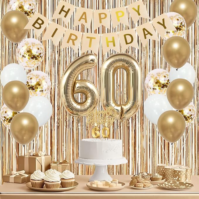 Trgowaul 60th Birthday Decorations for Women, Banner, Sash and Crown, Cake Topper, 60 Number Balloon, Fringe Curtains, Champagne Gold 60th Birthday Party Supplies