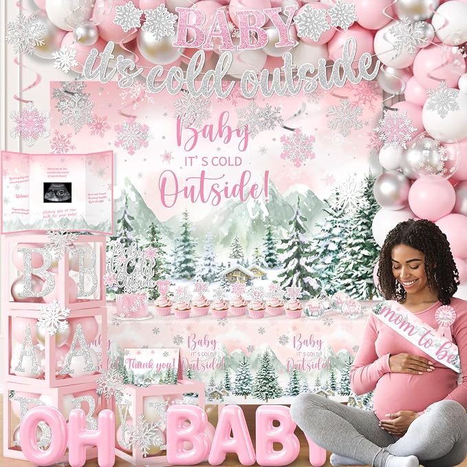 Baby It’s Cold Outside Baby Shower Decorations, Pink Winter Baby Shower Decorations for Girl Winter Woodland Tablecloth Banner Backdrop Balloon Box Cupcake Topper Hanging Swirl for Girl Gender Reveal