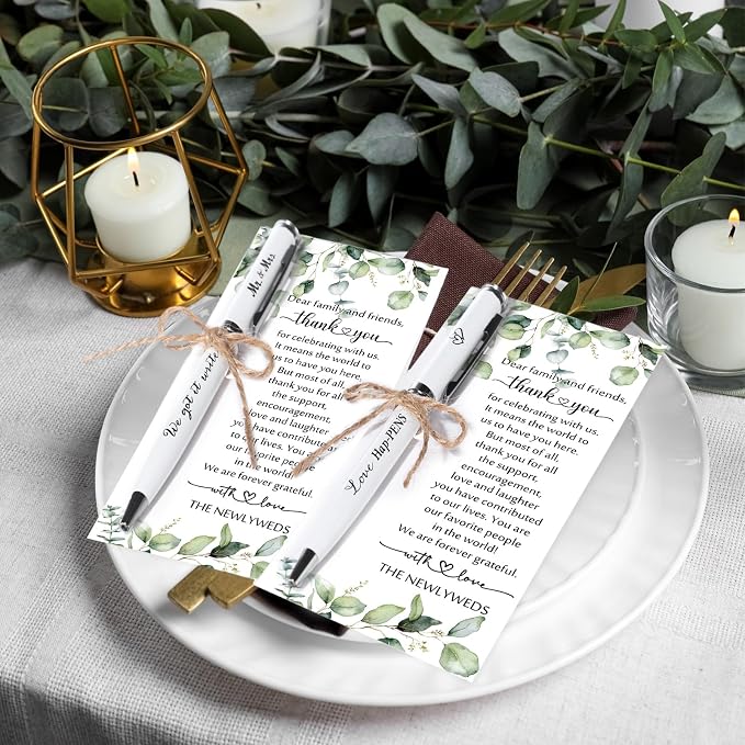 Affrolling 25 Sets Wedding Favors for Guests Bulk Retractable Ballpoint Pen Thank You Cards with Bridal Shower Gift for Guest Wedding Souvenirs Newlyweds Party Supplies (Leaf Style,Hemp Rope)