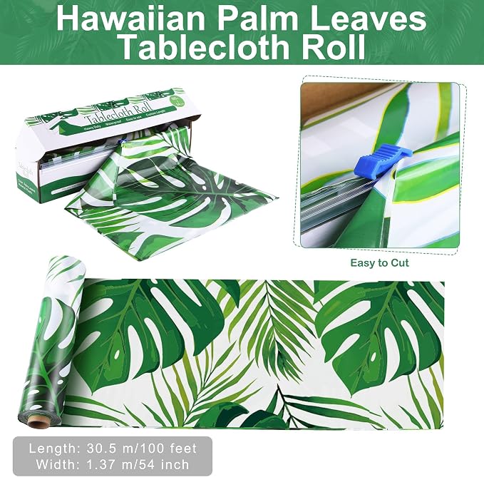 Kochorie 100 Ft x 54 Inch Palm Leaves Tablecloth Roll with Cutting Box Hawaiian Luau Tablecloths Disposable Aloha Tropical Table Cover Backdrop for Hawaii Birthday Summer Beach Tropical Party Supplies