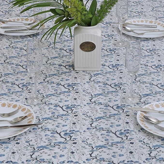 Ridhi Spruce Carolina Blue Hand Block Print Cotton Rectangle Tablecloth 102" x 48" inches Reusable Table Cover Decorative Everyday Use for Dining Room, Farmhouse, Home Gift for Spring, Mother's Day