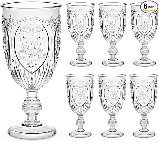 Wiwiqing 6 Pcs Plastic Goblets 7.5oz Vintage Goblet Plastic Wine Glasses Colored Retro Embossed Water Goblets for Wine Bar Juice Baby Shower Wedding Reception Grand Event Party (Clear)