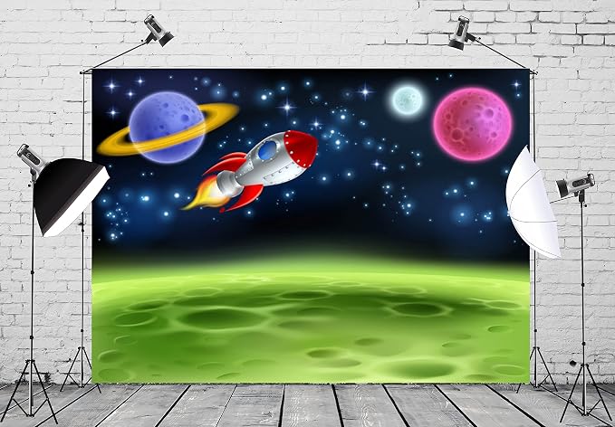 BELECO 12x8ft Fabric Cartoon Outer Space Backdrop Planet or Alien Moon with Rocket Ship Photography Backdrop for Birthday Party Decoration Kids Photoshoot Photo Background Photo Booth Props