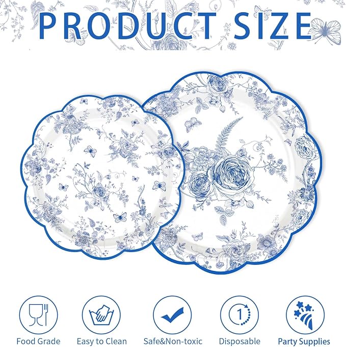 200Pcs Blue and White Floral Party Supplies Blue Floral Paper Plates and Napkins Disposable Vintage Flower Scalloped Tableware Set for Something Bridal Shower Decoration Wedding Tea Party Serve50