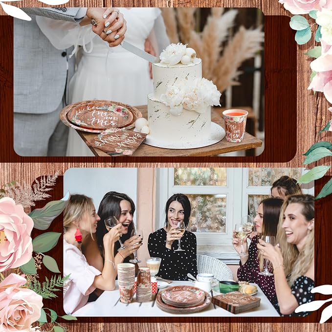 Zhehao 250 Pcs Rustic Bridal Shower Paper Plates Napkins Set Mr and Mrs Party Tableware 50 Pcs 9'' Dinner Plates and 7'' Dessert Plate 9 Oz Cup 100 Napkin Serves 50 for Engagement Wedding Decoration