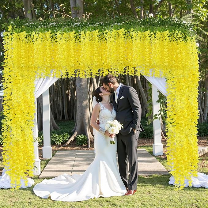 U'Artlines 24 Pack (Total 86.4 Feet) Artificial Fake Wisteria Vine Rattan Hanging Garland Silk Flowers String Home Party Wedding Decor (24,Yellow)
