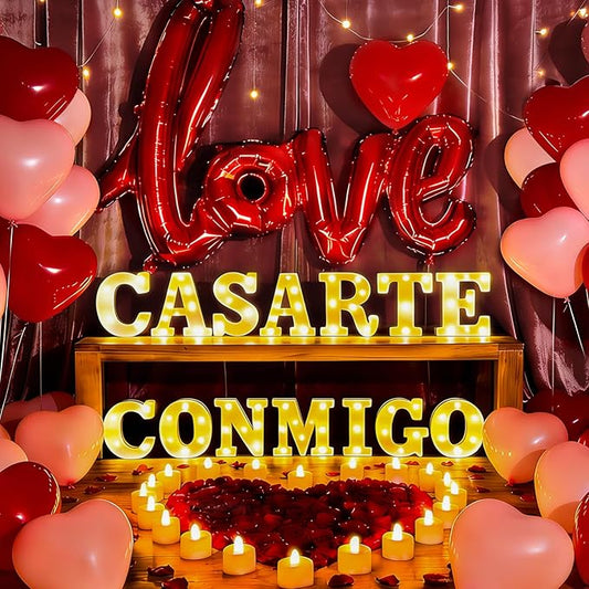 Casarte Conmigo Light up Letters Sign, Spanish Proposal Decorations Letters LED Lights with Rose Petals Candles Balloons,Marry Me Sign Table Decor for Valentine's Day Wedding Engagement Romantic Party