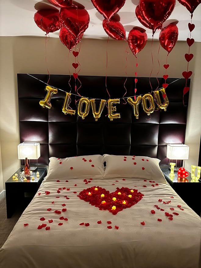 Romantic Decorations Valentines Day, Anniversary, Bedroom Special Night Décor - 3000 Rose Petals, LED & Balloon "I Love You" 36 Heart Candles, 2 Artificial Roses, 144 Red Heart Strings, Heart Balloons