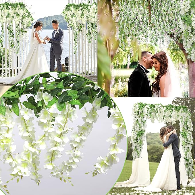 Findosom Wisteria Artificial Flowers Garland, 2Pcs Total 14.4FT White Wisteria Hanging Flowers, Flower Garland Decorations for Home Garden Outdoor Ceremony Wedding Arch Decoration