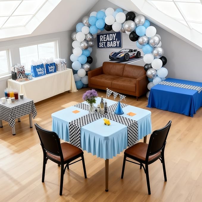Wish Care Blue Spandex Tablecloths for 34x34 Inch Square Tables, Stretch Fitted Table Clothes with Pleated Ruffle Skirt for 34” Table, Wrinkle Free and Elastic, for Party Kitchen Home Dining