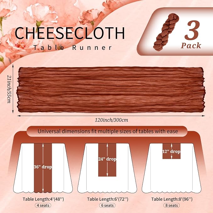 3 Pack Cheesecloth Table Runner 10FT Terracotta Table Runner Boho Gauze Cheese Cloth Table Runners Long Rustic Sheer Table Decorations for Wedding Party Baby Bridal Shower Birthday Holiday Home