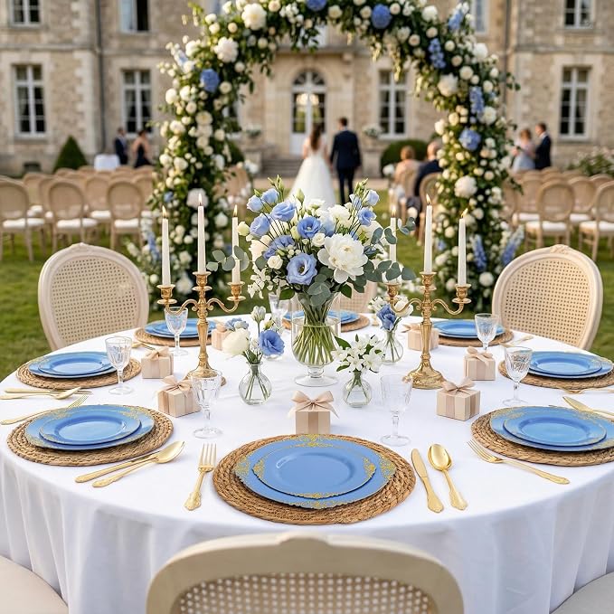 125PCS Blue and Gold Plastic Plates - Airy Blue Disposable Plate - Gorgeous Plates with Gold Plastic Silverware Sets for 25 Guests for Party & Wedding & Spring