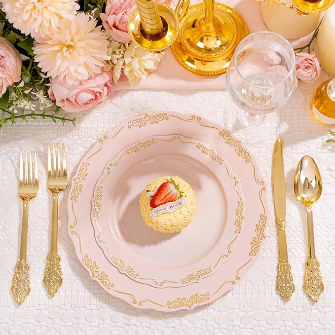 DaYammi 150Pcs Pink Plastic Plates with Gold Rimmed & Gold Silverware,Pink Disposable Plates for Party Include 30 Dinner Plate,30 Dessert Plate,30 Knives,30 Forks,30 Spoons for Mother's Day Party