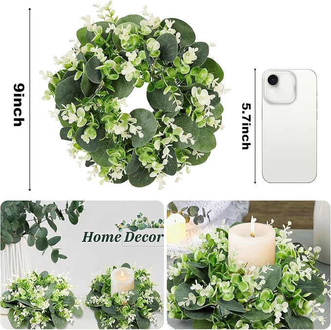 8PCS Artificial Eucalyptus Leaves Small Wreaths Green Candle Rings, Wreaths Spring Summer Greenery Garland Pillar Candle Holder for Home Wedding Party Table Centerpiece Decoration