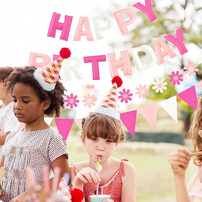 CANREVEL Pre-Strung 3D Happy Birthday Banner, 3 PCS Happy Birthday Felt Garland, Pom Pom Garland, Triangle Fabric Garland Bunting, Reusable Birthday Decorations for Women Men Girls Boys, Pink Flower