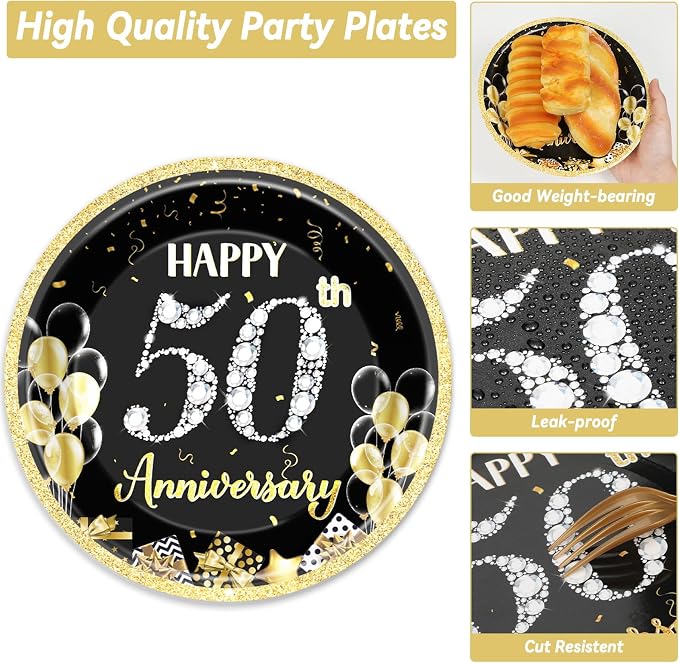 50 Guests 50th Anniversary Plates Napkins Party Supplies Employee Career Wedding Party Decoration Disposable Paper Cake Tableware Sets Party Dinnerware Favors Fiftieth Anniversary, 200PCS
