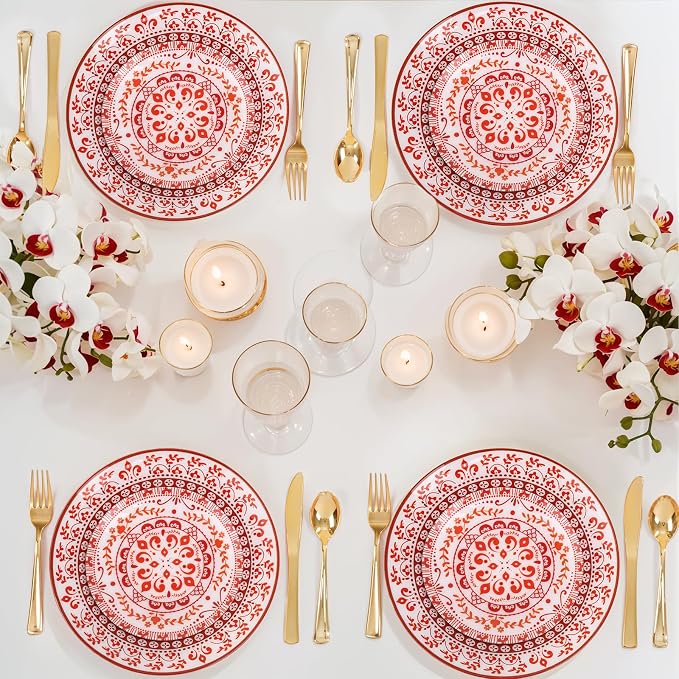 Hioasis 60pcs Red Plastic Plates Set - Floral Red & White Porcelain Design, 10.25" Dinner & 7.5" Dessert Plates Disposable for Christmas (Dishwasher Safe, Traditional Style)