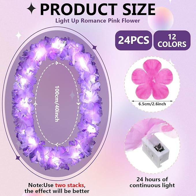 Sherr 48 Pcs LED Hawaiian Leis Light up Flower Leis Necklace with LED Lights Luau Flowers Necklaces for Masquerade Beach Wedding Tropical Themed Party Supplies(Various Purples)