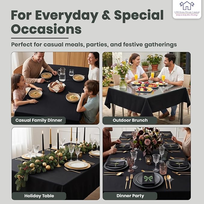 LFH Home Cotton Rich Beautiful Tablecloth for Rectangle Tables, 60 x 72 Inch Table Cloth, Machine Washable Fabric Table Cover for Dining Table, Kitchen, Parties, Holidays & Everyday Use-Black