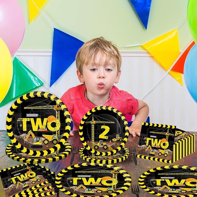 50 Guests Construction Birthday Plates and Napkins Forks Party Supplies Construction Truck Two Party Decorations Disposable Tableware Set Dinnerware Paper for Two Year Old Baby 2nd Birthday, 200PCS