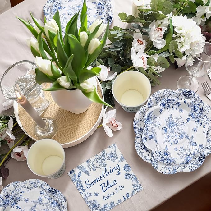 Newtay 250 Pcs Something Blue Bridal Shower Decorations Scalloped Blue and White Floral Plates and Napkins Bridal Shower Disposable Paper Tableware Set for 50 Guests for Wedding Engagement Party