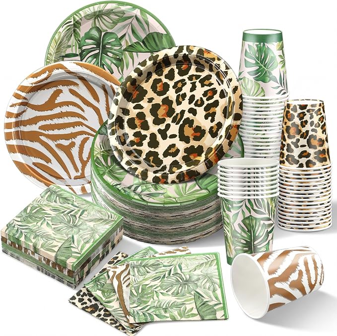 Domensi 220 Pcs Jungle Safari Animal Party Supplies Serves 40 Guest Safari Theme Tableware Set Disposable Wild Animal Print Paper Plate Cup and Napkin for Jungle Baby Shower Birthday Party Decoration