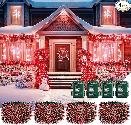 Brightown Christmas Lights Outdoor Battery Operated, 4 Pack Total 66FT 200 LED Battery Powered Fairy Lights with Timer,8 Modes,Waterproof Christmas String Lights for Outside Indoor Bedroom, Red