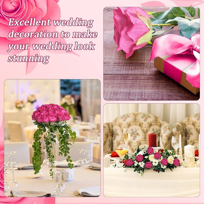 90pcs Fake Hot Pink Roses Artificial Flowers Bulk Realistic Silk Faux Rose with Stems for Wedding Decoration Anniversary Bridal Bouquet DIY Floral Arrangement Romantic Home Decor Gifts