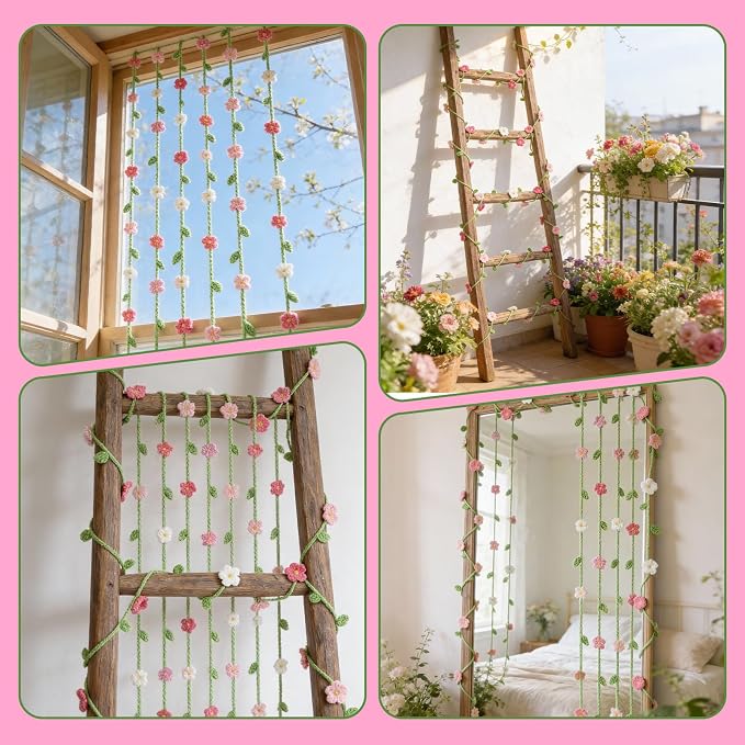 12 Pcs Handmade Crochet Flower Garland Decor Knitting Spring Floral Garland Hanging Ornaments Boho Door Curtains Decoration for Backdrop Wall Window Fireplace Bedroom Birthday Wedding Party