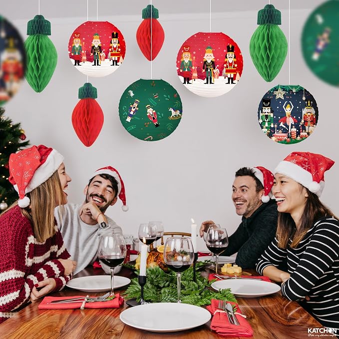 KatchOn, Hanging Christmas Decorations Indoor – 10 PCS | Festive Christmas Paper Lanterns & Honeycomb Ornaments | Nutcracker christmas Decor | Holiday Hanging Decor | Nut Cracker Ornaments