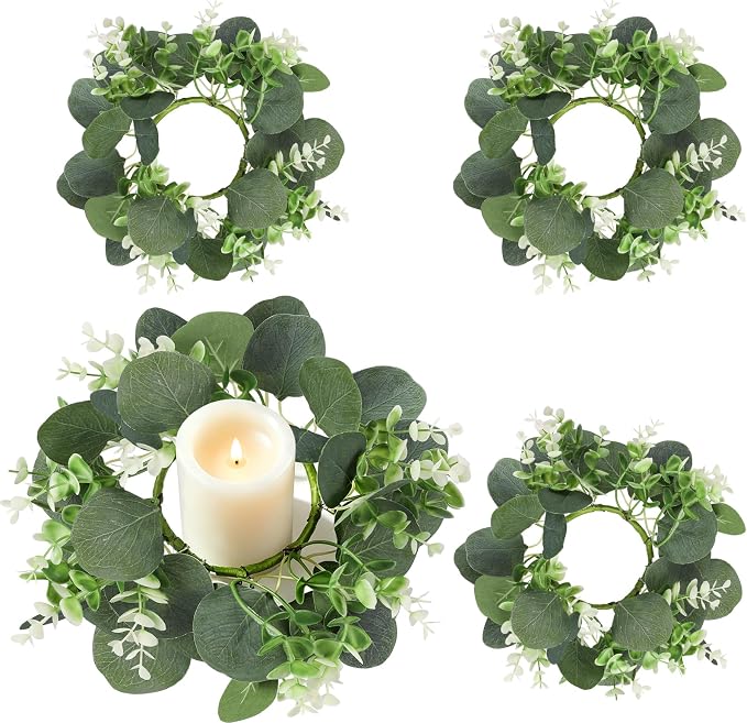 4PCS Eucalyptus Candle Rings Wreaths, Artificial Greenery Faux Kitchen Cabinet Wreath,Spring Wreath with Burlap Ribbon, Pillar Candle Holder Wreath for Porch Wall Window Farmhouse Wall Home Decor