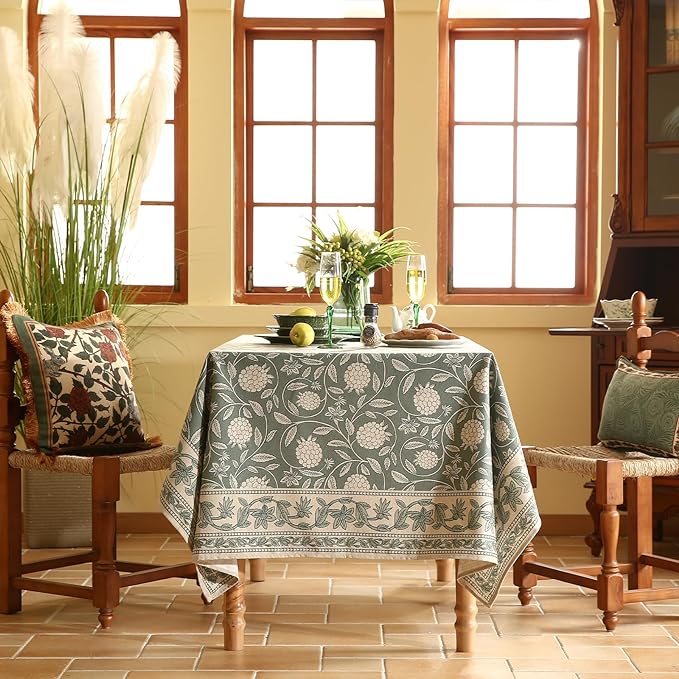 ISAENNE Designer Linen Green Rectangular Tablecloth,102"x63"-Andrew A | Vintage Elegant French Table Cloth Rectangle Table,Floral Pattern,Heavyweight,Dining Room,Tea Party,Kitchen,Thanksgiving