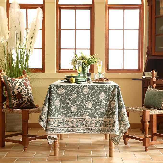 ISAENNE Designer Linen Green Rectangular Long Tablecloth,118"x67"-Andrew A | Vintage Elegant French Table Cloth Rectangle Table,Floral Pattern,Heavyweight,Dining Room,Tea Party,Kitchen,Thanksgiving