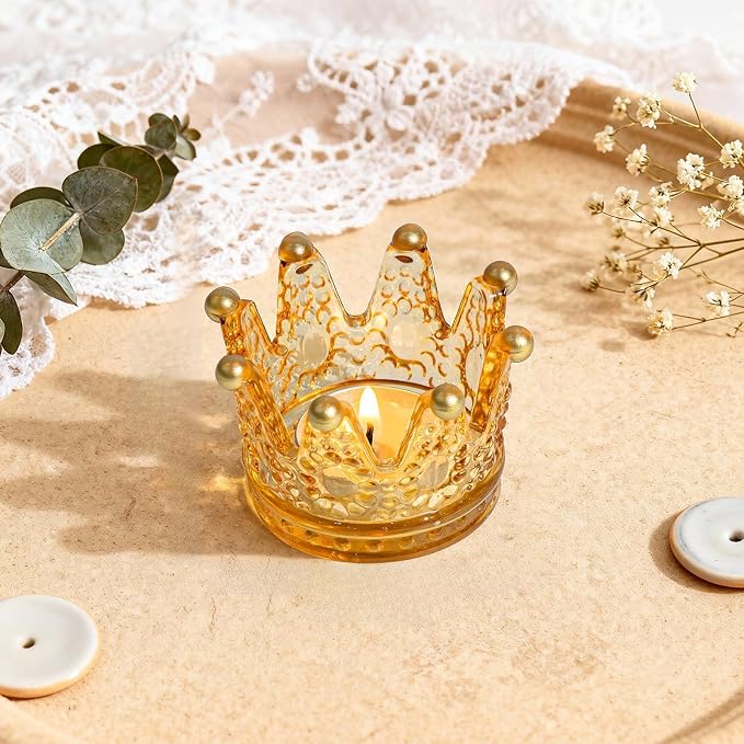 Rubtlamp Amber Crown Candle Holders Set of 6 with Gold Tips, Gold Glass Votive Candle Holders, Tealight Candle Holder for Table Centerpieces, Home, Bridal Shower, Birthday