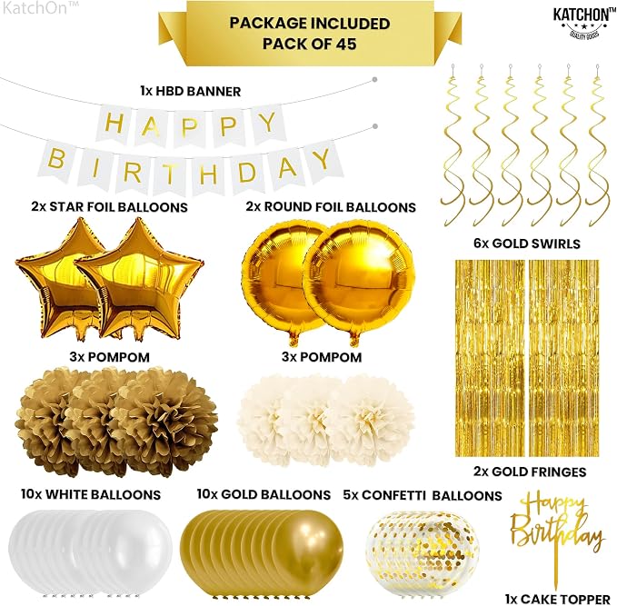 KatchOn, Gold Birthday Decorations Set - Pack of 45 | Happy Birthday Banner, Star Balloons, Pom Poms, Balloons for Gold Party Decorations | Bday Decorations for women, Men