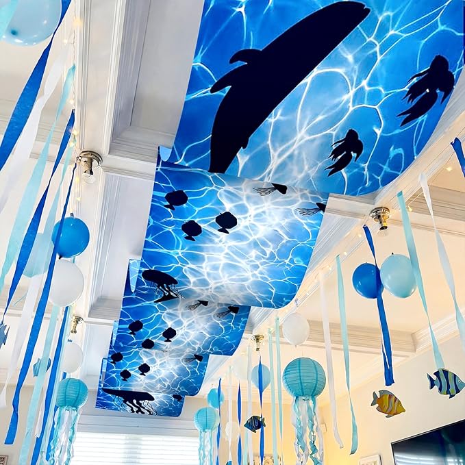 Feifeiya 3 Pcs Under The Ocean Classroom Ceiling Decor 24 Inch x 12 ft Summer Whale Birthday Party Decor VBS 2026 Under The Sea Ceiling Cover Shark Banner for Preschool Kindergarden School Daycare