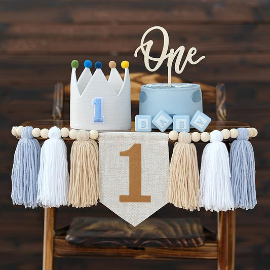 JUIIZAY Baby Boy First Birthday Party Decorations Blue High Chair Banner 1st Birthday Crown Cake Topper 1st Decor