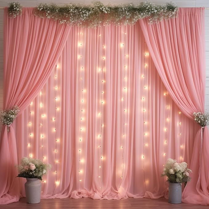 10ft x 10ft Dusty Rose Chiffon Backdrop Curtain with Lights String for Parties,2 Panels Sheer Tulle Curtain Wedding Photo Backdrop with Lights for Baby Shower Birthday Party Ceremony Home Decorations