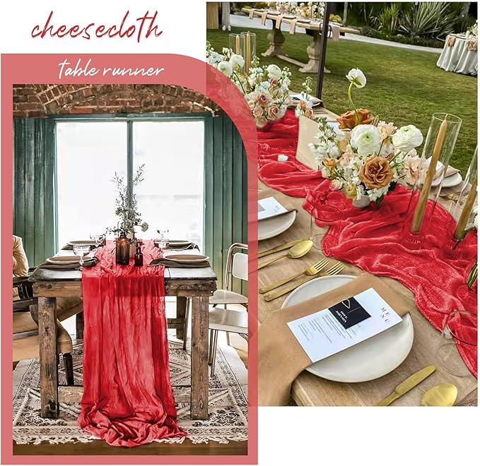 12 Pack 10Ft Red Cheesecloth Table Runner 35 x 120 inch Boho Gauze Cheese Cloth Table Runner Vintage Rustic Sheer Runners for Wedding Bridal Shower Birthday Party Cake Table Decorations